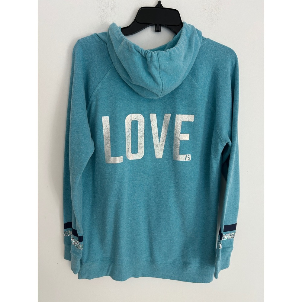 Victorias Secret LOVE VS Sequin Sleeve V-Neck Hoodie Turquoise Blue Medium
